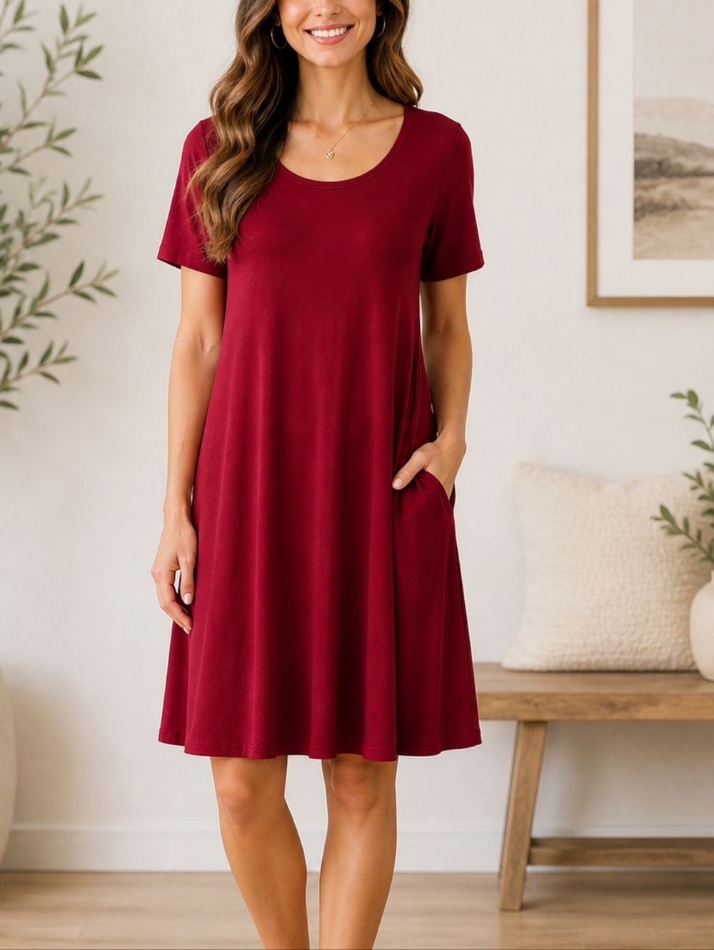 Women’s Scoop Neck Short Sleeve Swing Dress - Burgundy Size Small